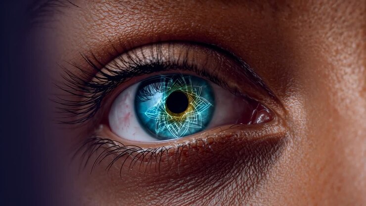 Showing single eye responding to light shift, displaying rotating glowing mandala overlay in studio