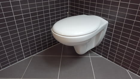 Toilet-bowl,-lavatory-in-modern-bathroom-with-black-and-grey-tiles,-4k-UHD,-crane-shot