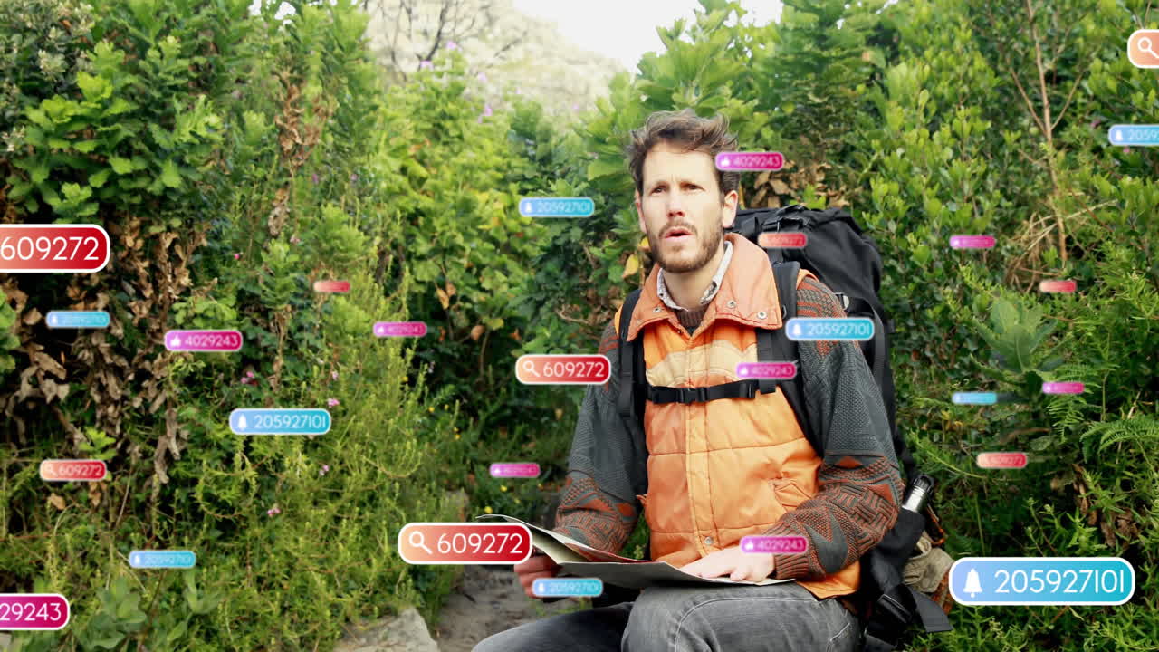 male hiker navigating rocky trail with paper map, featuring floating technology notification icons