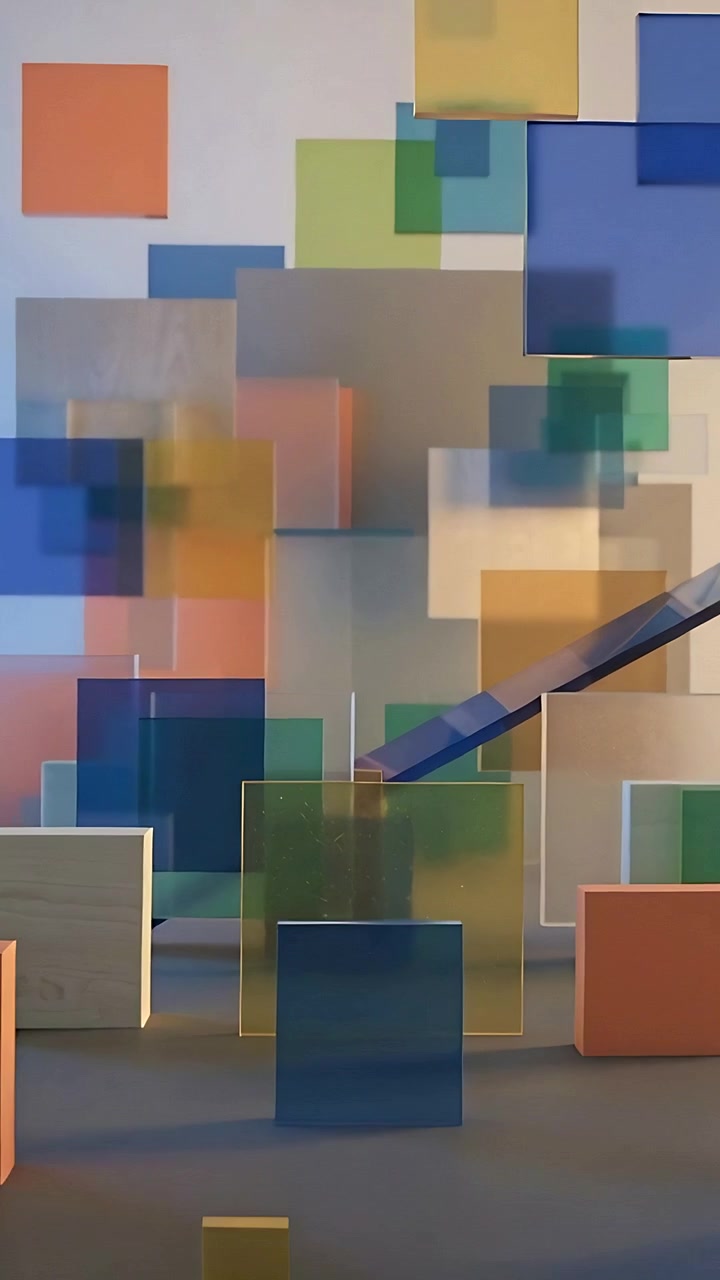 Video vertical: Cámara alejándose mostrando paneles en el set para una revelación, con rampa azul y cubo amarillo