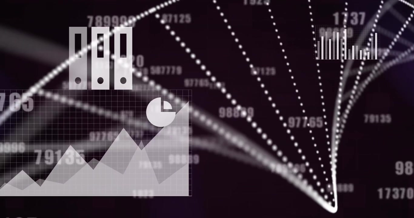 Digital animation of changing numbers, data processing and dna structure against black background