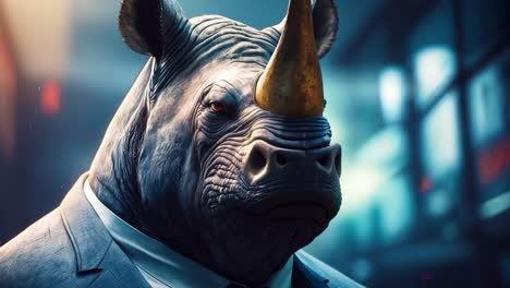 a rhino wearing a suit and tie standing in a city