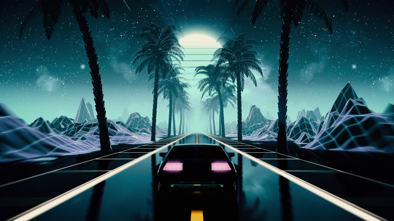 80년대 레트로 퓨처리즘 sf 시엄리스 루프: 빈티지 자동차와 함께 vj 풍경