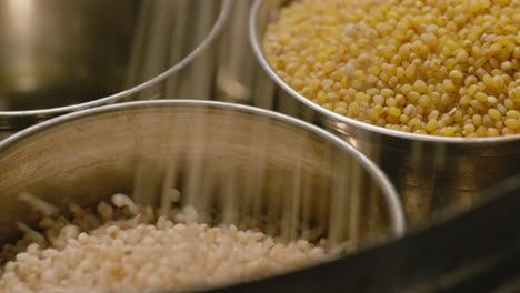 falling little millet in steel bowl with foxtail millet in the background for storage, 4k close up, stable shot