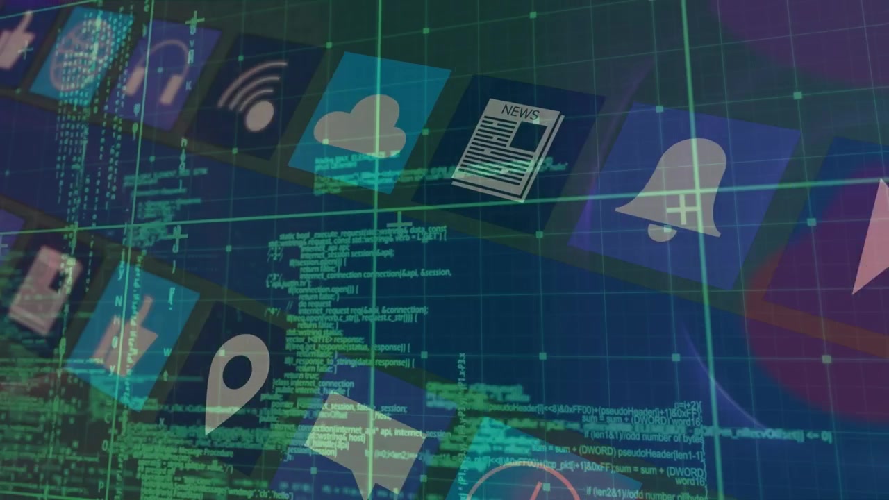 Animation of data processing over tech icons moving on digital screen