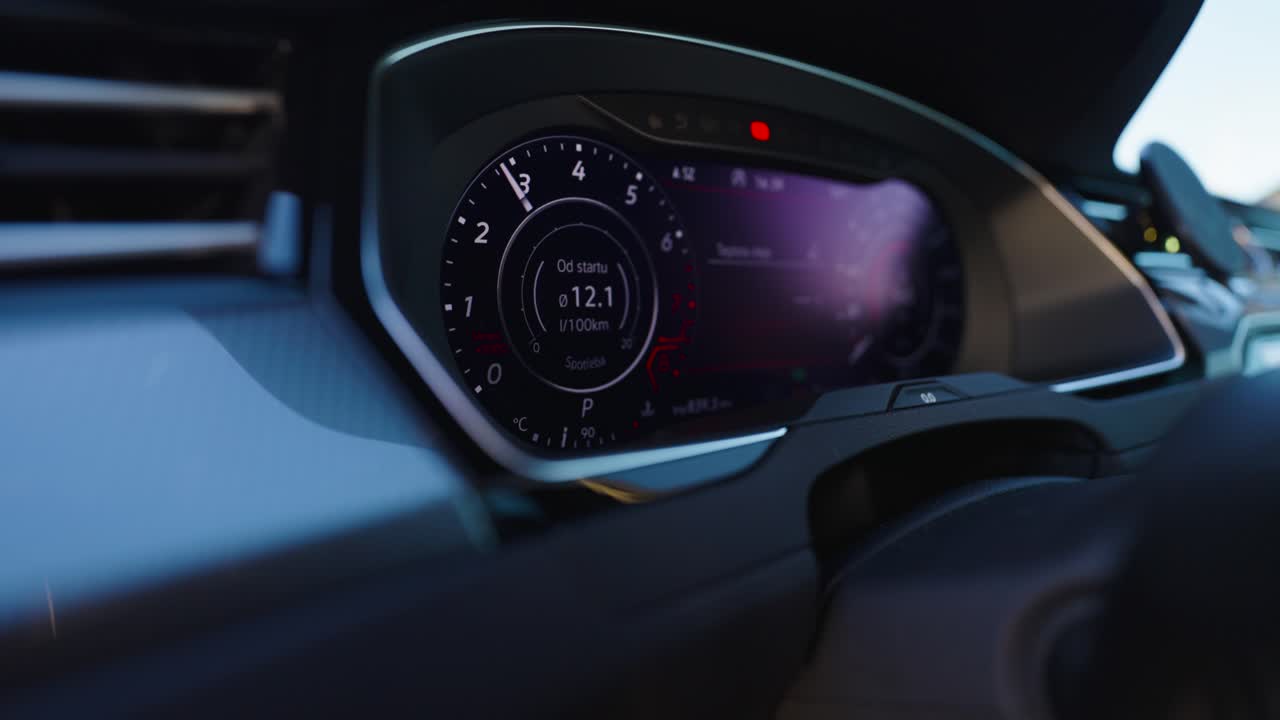 Digital dashboard display showing tachometer reading in car interior, Czechia