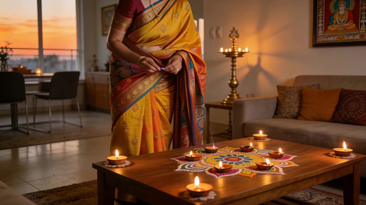 Una donna in sari di seta accende e posiziona delle diya sul tavolo del soggiorno al tramonto, con un rangoli.