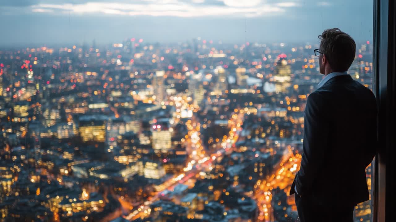 A contemplative man gazes out over a sprawling cityscape at dusk, reflecting on the vibrant lights and bustling streets below, lost in thought and possibilities
