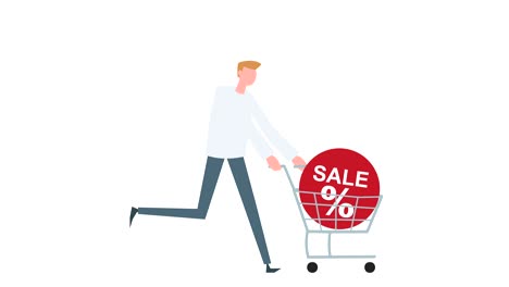 flat cartoon colorful man character animation. male run cycle with sale discounts shopping cart situation