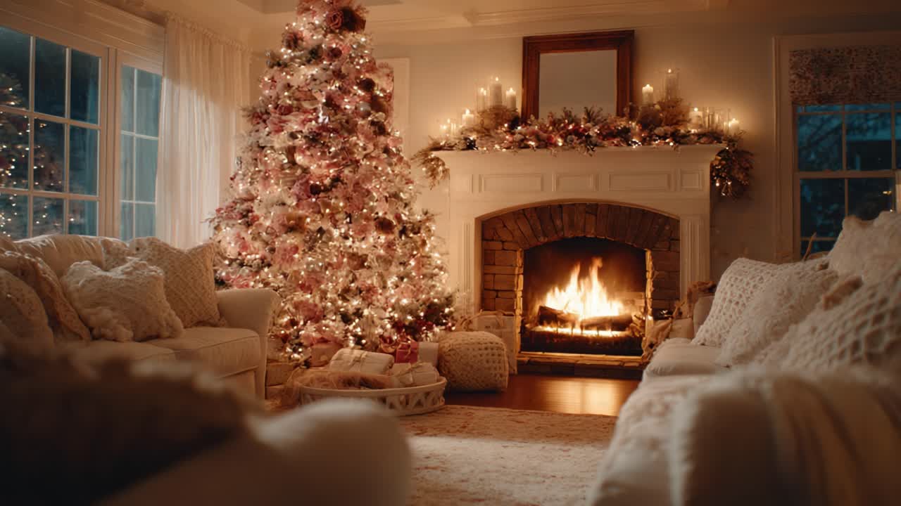 Cozy Holiday Living Room with a Beautifully Decorated Christmas Tree, Glowing Fireplace, and Soft Textured Furnishings Creating a Warm Atmosphere for the Festive Season