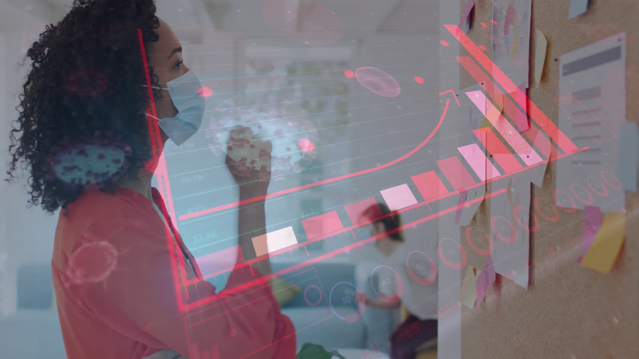 animación de la interfaz digital que muestra estadísticas con colegas en la oficina que usan máscaras faciales