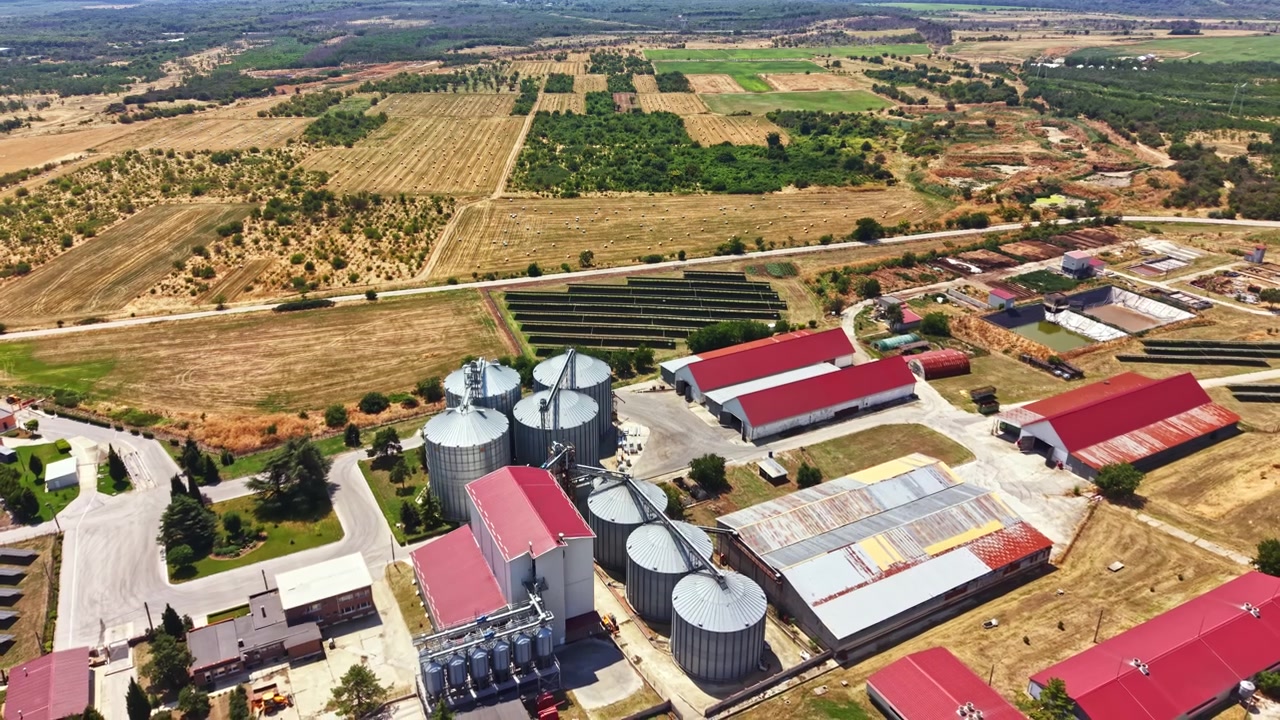 Schweinefarm in ländlicher Gegend mit Feldern und Gebäuden tagsüber.