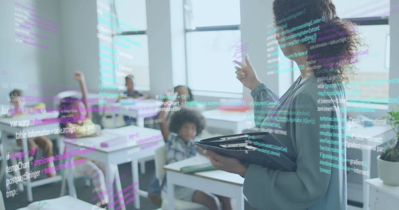 Teacher holding files, gesturing; students raising hands, teacher selecting as code overlay running