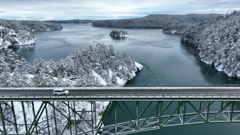 Vista-Aérea-De-Un-Todoterreno-Blanco-Que-Cruza-Un-Puente-Con-Nieve-Por-Todas-Partes