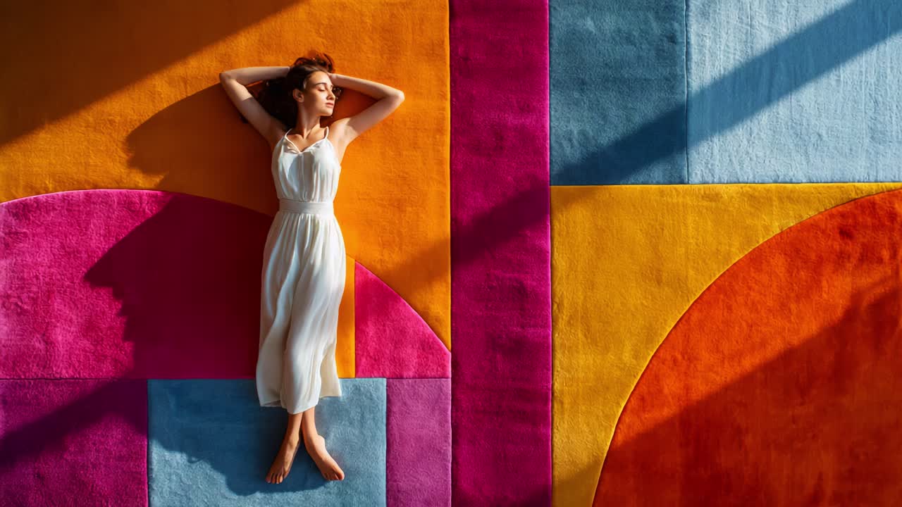 A woman in a flowing white dress relaxes gracefully on a vibrant, multicolored geometric rug, with bold hues of pink, orange, and blue creating a visually striking composition