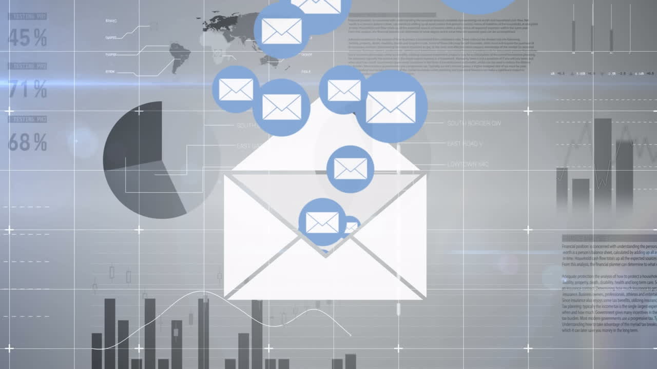 Animation of email envelope icons floating over interface with data processing on graphs and charts