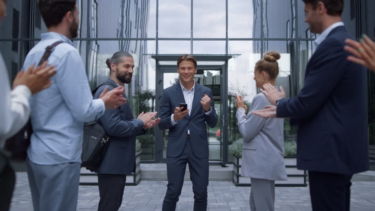 Joyful businessman read news get great results in email. Happy winner concept.