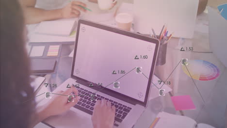 Hands typing on laptop with data analysis animation over office desk