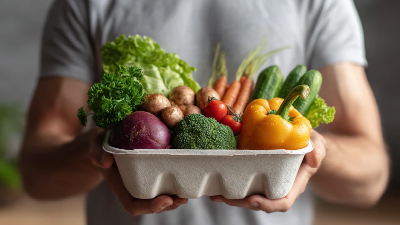 A Person Holding a Fresh Selection of Colorful Vegetables in a Carton Tray, Showcasing Healthy Eating and Organic Produce in a Natural Environment