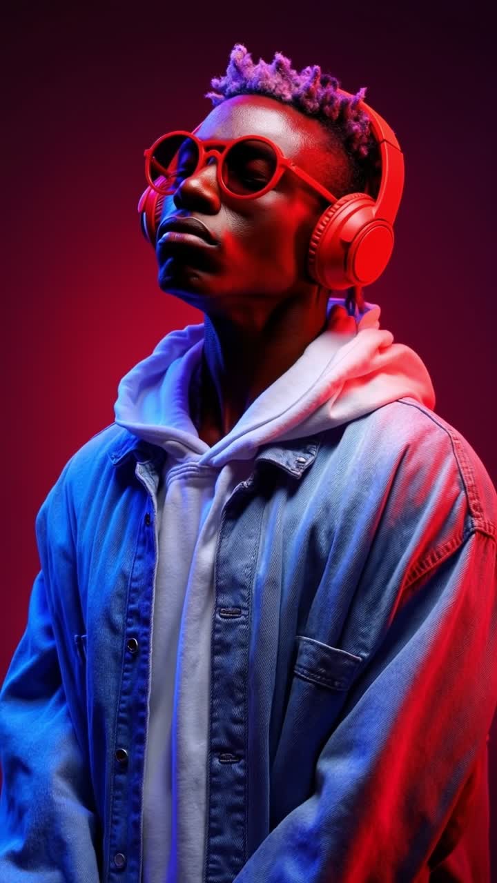 Stijlvolle man met roze haar en rode zonnebril die muziek luistert met een koptelefoon in neonverlichting