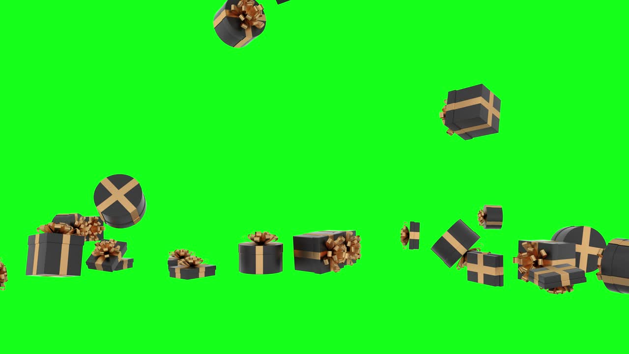 Scatole regalo 3D nere e oro che cadono e volano su sfondo green screen chroma key