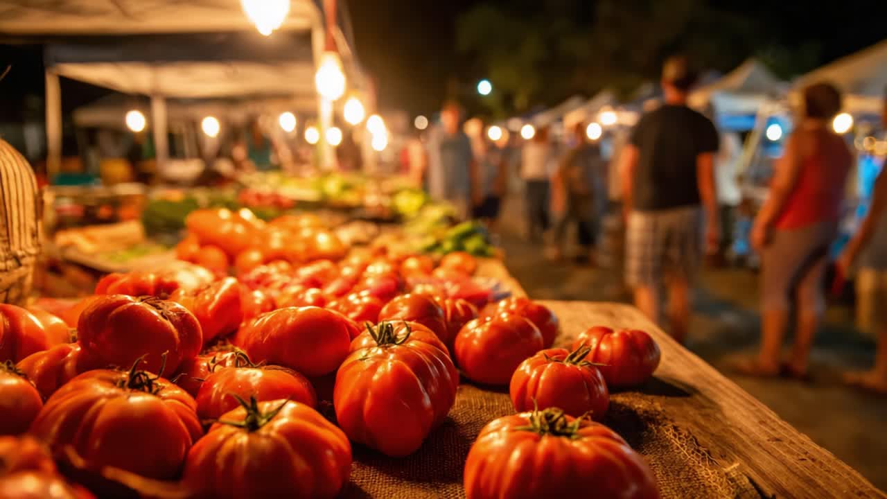 Vibrant Evening Market Scene Featuring Fresh, Juicy Tomatoes on Display Amidst Stalls and Shoppers Enjoying the Lively Atmosphere of a Nighttime Farmers' Market