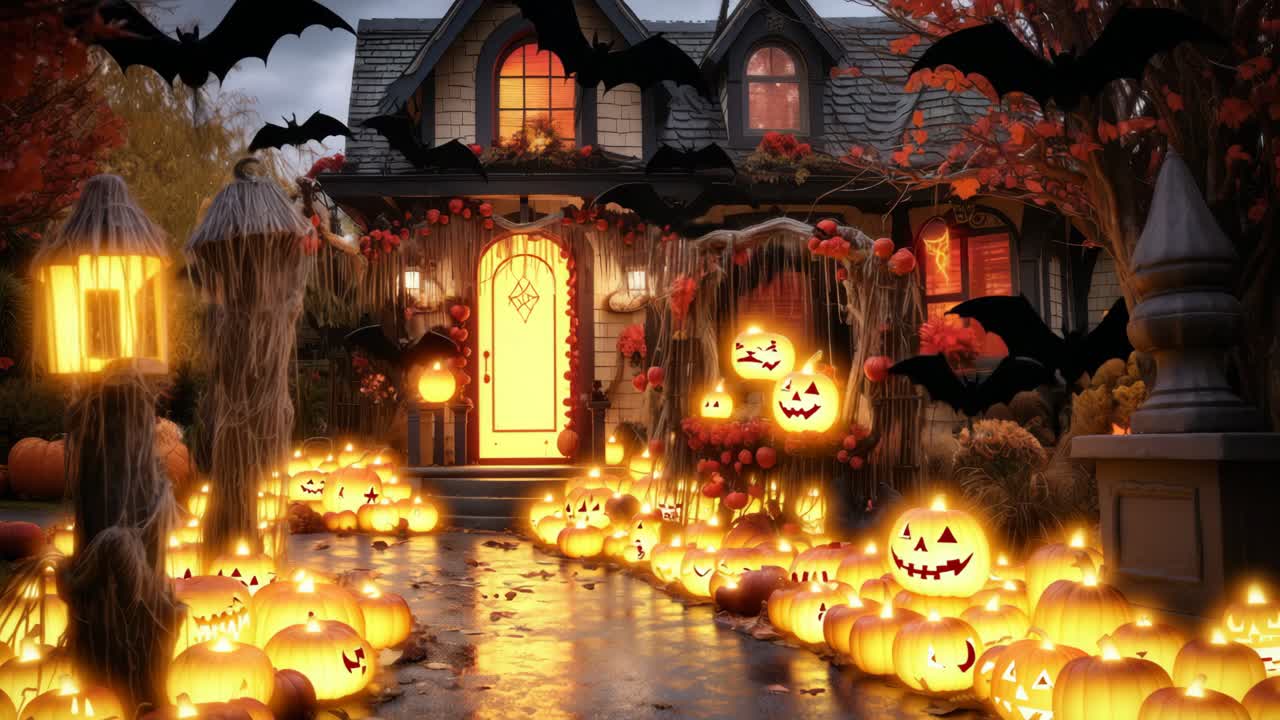 Spooky Halloween-themed video still of a house with jack-o'-lanterns and bats