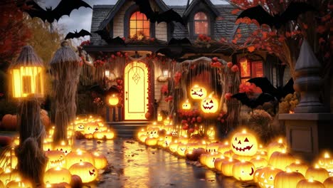 Spooky Halloween-themed video still of a house with jack-o&#039;-lanterns and bats