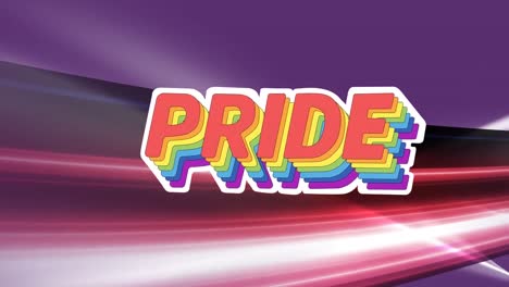 digital animation of rainbow pride text banner over pink light trails against purple background