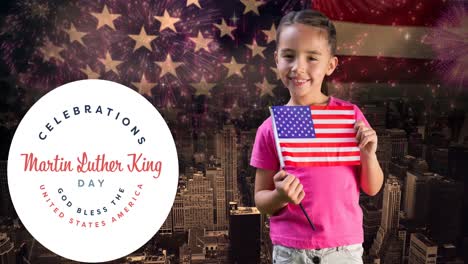 animation of happy martin luther king day text over happy caucasian girl with american flag