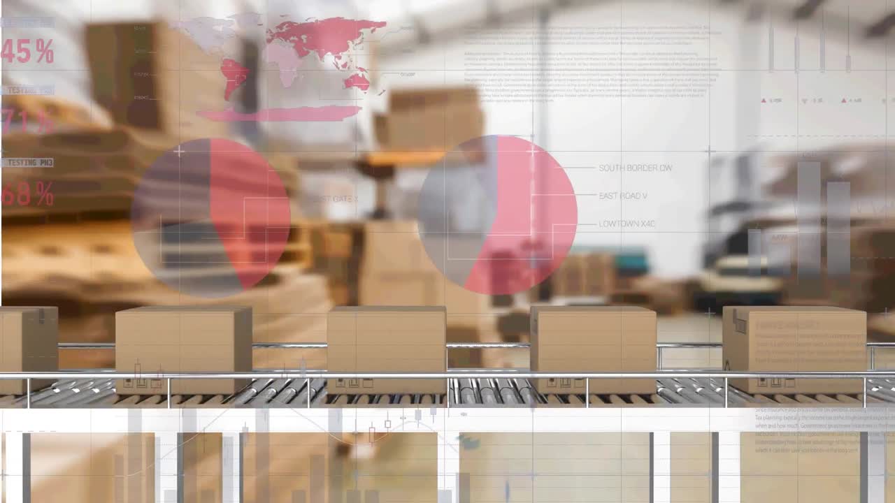 анимация обработки статистики на конвейерных лентах с коробками