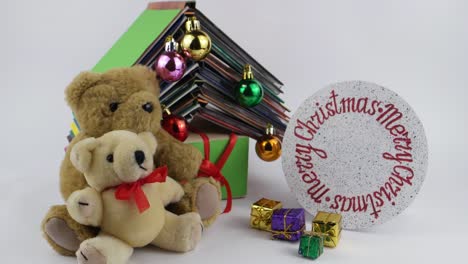 teddy bears and  christmas decoration, white background, 
children's decorative composition