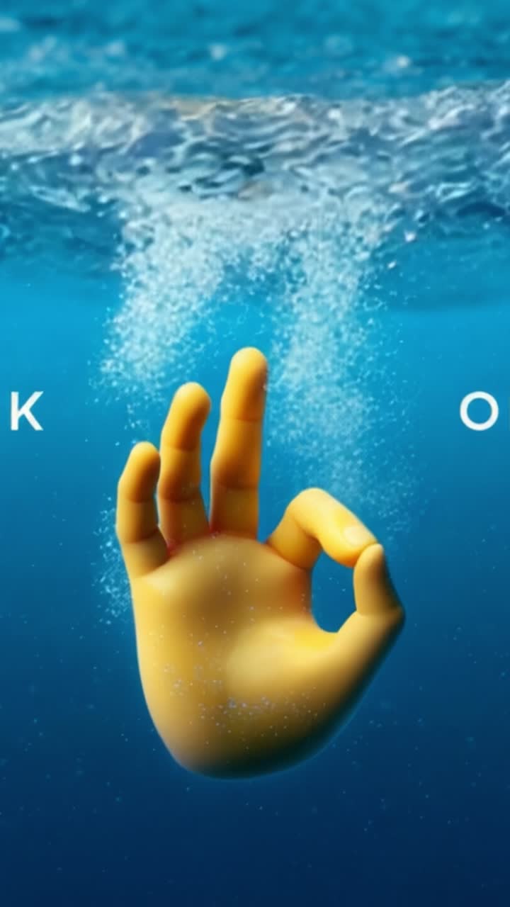 Una vivace scena sottomarina che mostra una mano gialla che forma il gesto 'OK', circondata da bolle scintillanti e dalle rilassanti tonalità blu delle profondità oceaniche.