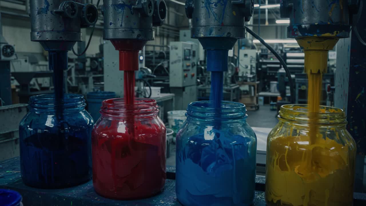 A Vivid Display of Paint Production: Vibrant Colors Flowing from Machines into Jars in a Dynamic Industrial Environment