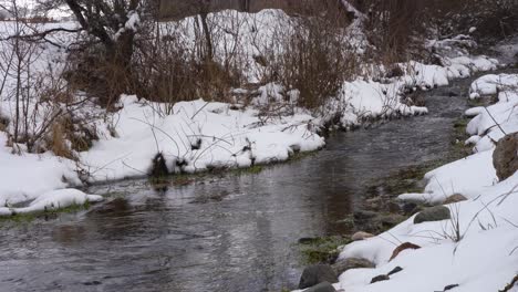 agua fría y limpia del arroyo de la montaña que fluye a través de piedras cubiertas de nieve blanca