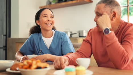 caregiver, senior man and coffee with breakfast