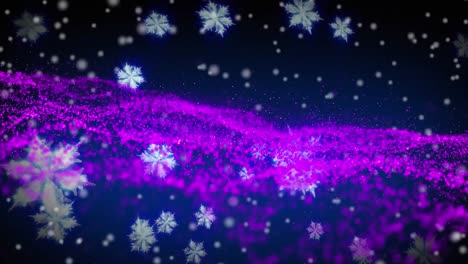 Animation-of-christmas-snow-falling-over-purple-glowing-mesh-on-blue-background