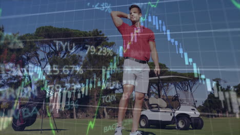 Golfer holding club on fairway, overlaying candlestick graphs and percentage figures for finance
