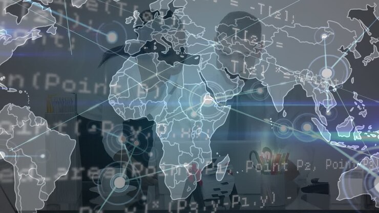 Animation of world map with data processing over diverse business people in office