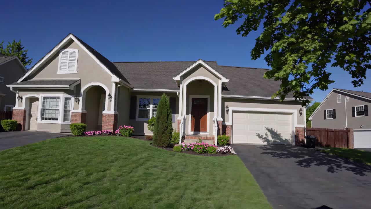 A video showcasing a suburban house with a well-maintained lawn, captured from a low-angle