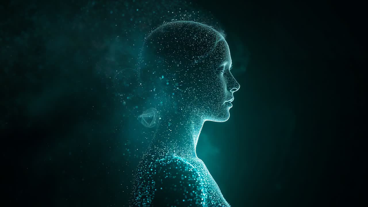Video verticale: Retroilluminazione verde acqua che sale, particelle che si uniscono a formare un profilo in un vuoto oscuro, con spazio per il testo.
