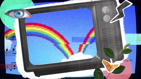 animación de interferencia sobre la televisión retro, formas y cielo con nubes.