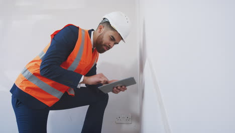 topógrafo con casco duro y chaqueta de alta visibilidad con tableta digital realizando una inspección de la casa