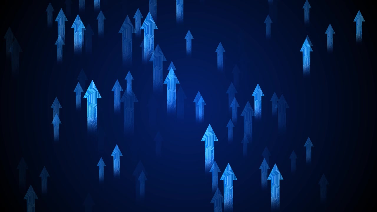 Blue upward circuit arrow background glowing tech symbols dark gradient space digital growth motion