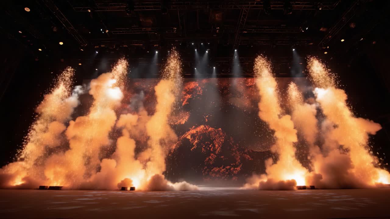 A Dramatic Stage Performance Featuring Explosive Pyrotechnics and Captivating Visuals, Showcasing Dynamic Lighting Effects, Engaging Audiences with a Mesmerizing Experience of Fire and Smoke