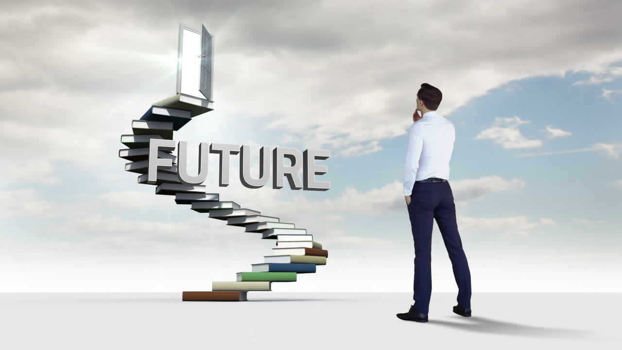 Businessman looking at steps made of books with a floating word in the sky