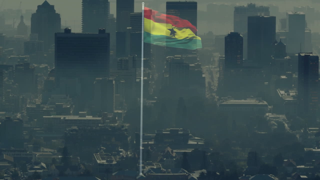 Ghanaian flag waving on metallic flagpole above smoggy urban skyline in flat animated illustration