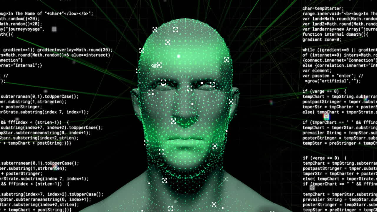 Animation of data processing over digital human with icons