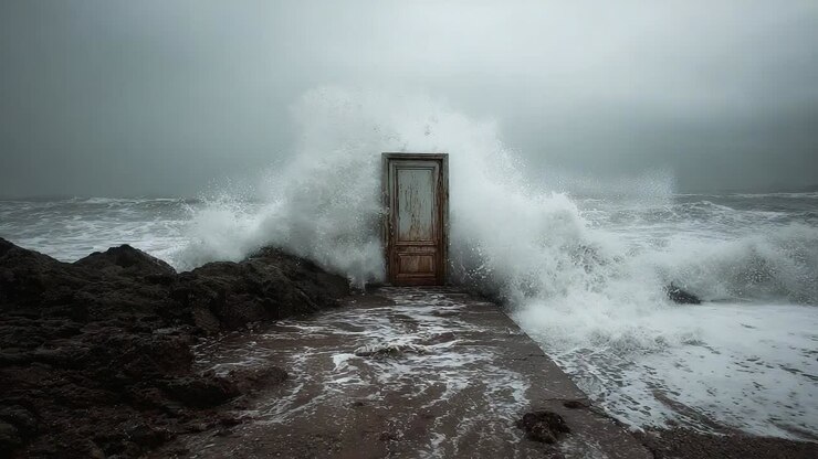 Door standing alone at the shore during a stormy day