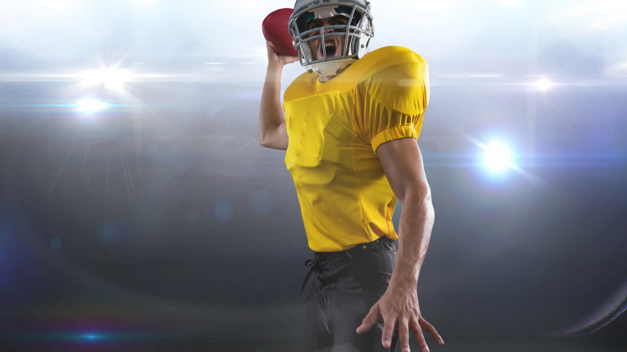 Animation of male american football player throwing ball at floodlit ...